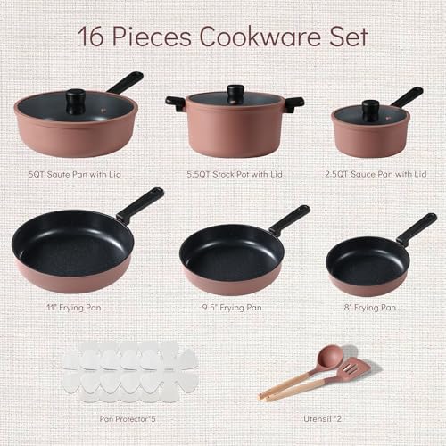 CAROTE Non Stick Pots and Pans Set, Cookware Sets Nonstick 16 Piece, Kitchen Cooking Set with Stay-Cool Handles,with Silicone Tools and Pot Protectors - Image 3