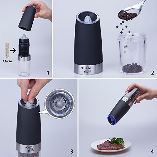 Electric Gravity Salt And Pepper Grinder Set With Adjustable Coarseness Automatic Pepper And Salt Mill Battery Powered With Blue Led Light,One Hand Operated,Brushed Stainless Steel By Chew Fun #TOP3