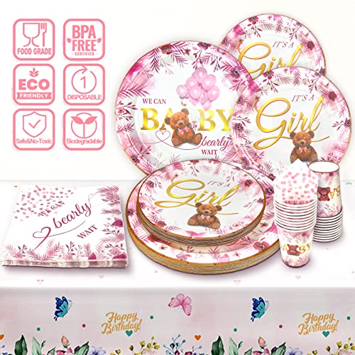 Image of Pink Bear Baby Girls Shower Decorations Plates Napkins Cups Set - We Can Bearly Wait Baby Shower Supplies for 20 Guests Its A Girl Pink Baby Shower Plates for Girls Teddy Bear Baby Shower Party