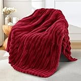 Exclusivo Mezcla Fleece Throw Blanket for Couch, Super Soft Striped Jacquard Bed Blanket, Lightweight Fuzzy Cozy for All Seasons, 50x60 Inches, Deep Red