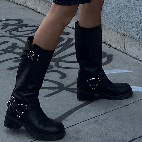 FSJ Women Buckle Straps Riding Mid Calf Boots Round Toe Chunky Block Low Heel Fashion Design Winter Combat Motorcycle Shoes Size 4-15 US4