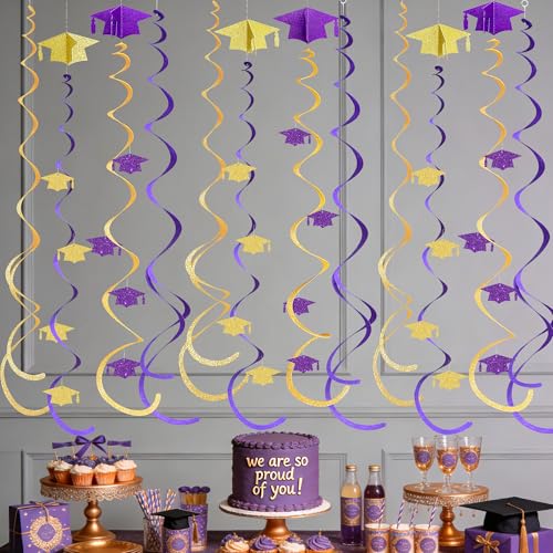 Image of 24Pcs Purple Gold Graduation Grad Cap Hanging Felt Swirl Streamer Spiral Ceiling Garland for Congrats Grad You Did It Class of 2026 We are So Proud of You I'm Done Themed Party Decorations Supplies