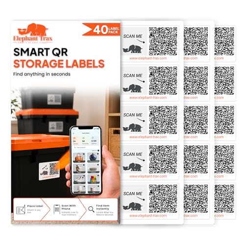 Elephant Trax QR Code Labels for Storage Bins – 40 Smart QR Code Stickers, Scannable QR Labels for Tote Bins, Moving Box Labels, Home Organization, Packing Supplies & Inventory Tracking
