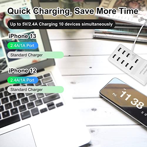 Puikfni USB Charger Station with 10 Type-A Ports,Family-Sized Desktop USB Charger，Smart USB Charger for Multiple Devices Smart Phone Tablet Watches (White) — view 5