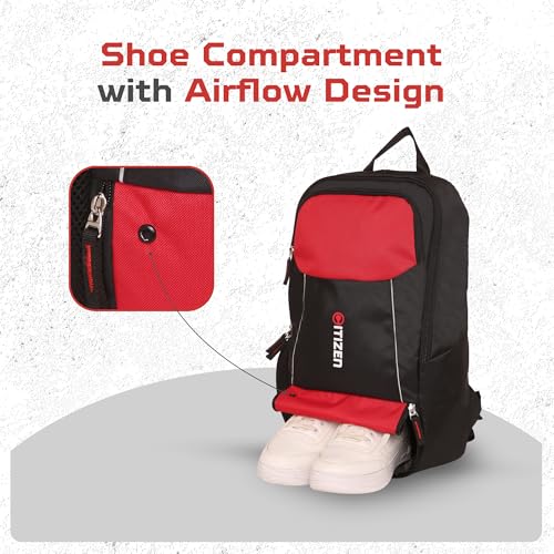 Image of Citizen Ultimate Gym Bag 17L - Quick Access Pocket, Separate Shoe Compartment, Bottle Holder, Reflective Strips for Safety, Adjustable Shoulder Strap, Lightweight-Men & Women-Black Red