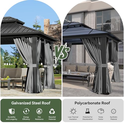 Aoxun 12'x10' Hardtop Gazebo with Light, Aluminum Frame Permanent Pavilion with Curtains and Netting, Outdoor Galvanized Double Roof Canopy, Designed for Garden, Lawns, Patio (Black/Grey)