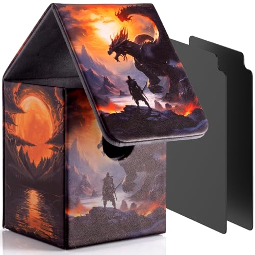 JoyHood Caja de Tarjetas con 2 Separadores, Card Deck Box para de 100+ Tarjetas, Caja de Tarjetas Compatible con Tarjetas MTG/YGO/TCG/OCG, Fuego de Dragón Crepuscular