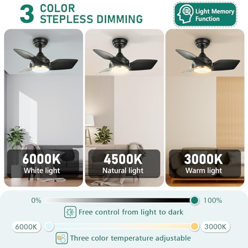 DWVO 26 Inch Ceiling Fans with Light and Remote, Small Modern Black Ceiling Fan with 3 Blades, 6 Speeds, 3 Colors Dimmable for Bedroom Patio Kitchen, DC Quiet Motor, Memory Function, Black