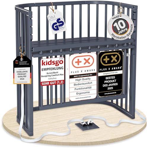 babybay Boxspring Comfort Plus Beistellbett aus massivem Buchenholz / Kinderbett Höhe stufenlos verstellbar & umweltfreundlich / mitwachsendes Babybett mit Verschlussgitter (schiefergrau lackiert)
