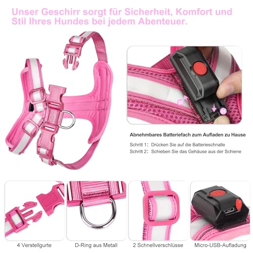 PZRLit Hundegeschirr Leuchtend, Leuchtgeschirr für Hunde Aufladbar, Leuchtendes Hundegeschirr LED, Leucht Geschirr für Hunde Reflektierend mit Licht Sicherheit im Dunkeln-Rosa, Extra Groß