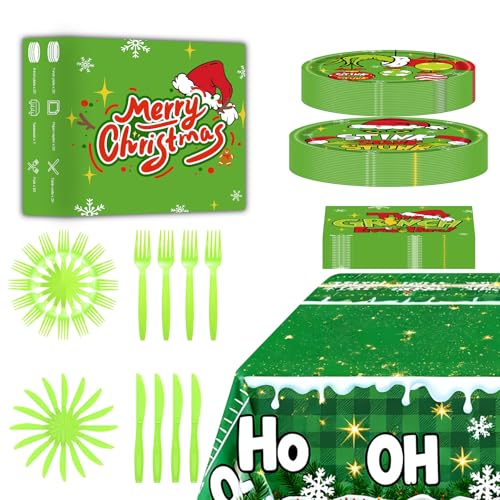 101 Pcs Grinchmas Plate Set Christmas Tableware Set For Christmas Party Supplies Birthday Party Decoration