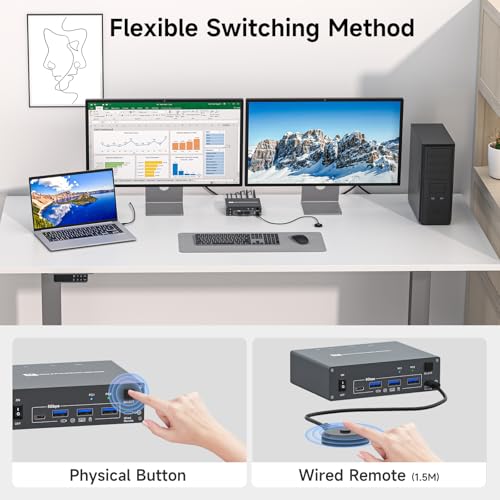 Image of 4K USB Type-C Docking KVM Switch Laptop& Desktop 2 Monitors 2 Computers USB-C & Dual HDMI 4K@60Hz Dual Monitor KVM Switches for MAC & PC, PD 100W Charging, with Type-C 3.1 Gen 2 Cable & Wired Remote