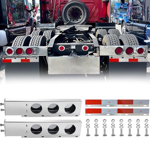 Image of Stainless Steel Mud Flap Hanger with 4 inch Light Cutouts Aluminum Reflectors,Spring Loaded,30 inch Length,2 1 /2 inch Bolt Spacing Bracket Mudflap Holder, W / Screws Nuts for Mudflap,Semi Truck (Round)