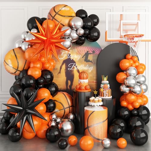 Image of Basketball Balloon Arch Kit, 111pcs Orange and Black Silver Balloons Garland Kit with Explosion Star Balloons, Sports Balloon Kit for Boys Birthday Baby Shower Sports Theme Decorations Supplies