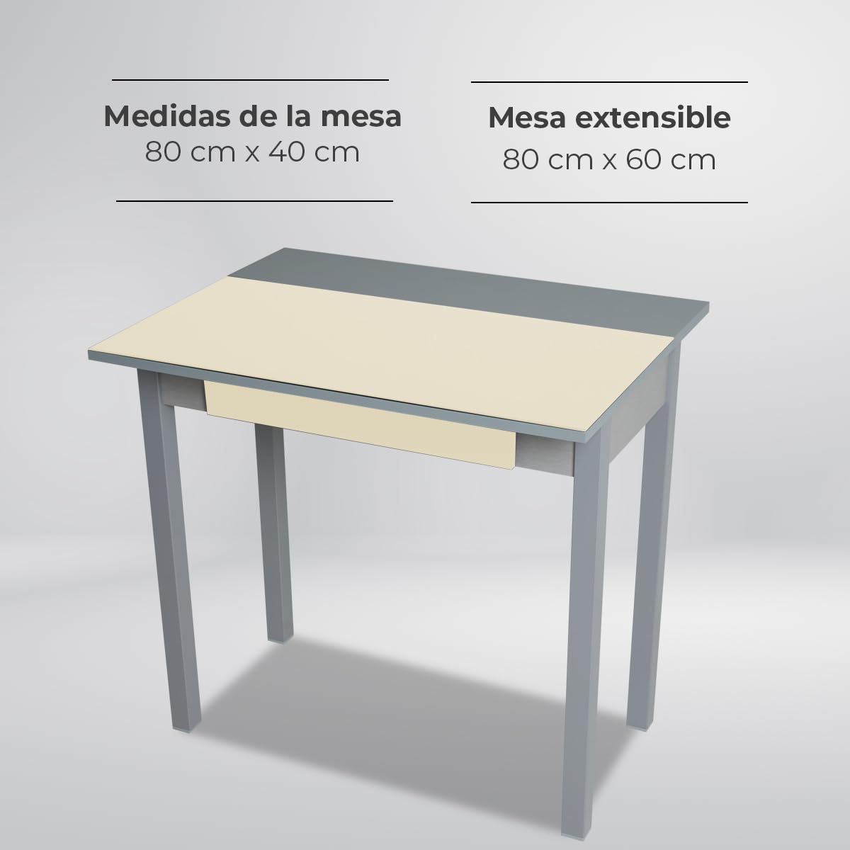 Mesa de Cocina Extensible 1 ala caída - 80x40 cm (80x60 cm) - Estructura y ala caída Color Aluminio - Tapa Cristal Color Beige