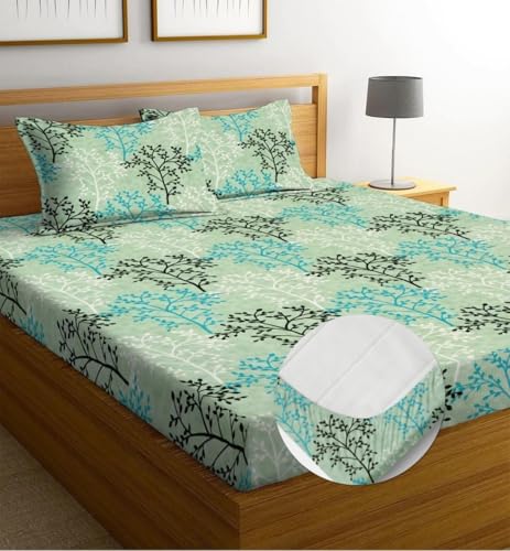 Image of la' Amour Premium Cotton Elastic Fitted Bedsheets with 2 King Size Pillow Covers Double Bed with All Around Elastic Supersoft Size - 72 King Sizex78+10 inches Green and Black 200 tc - 220 tc