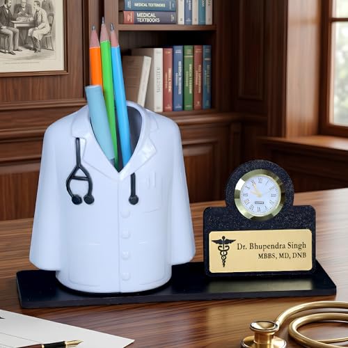 Image of Medical Theme Desk Organizer with clock - personalized gift to a doctor Pen Stand | Unique Apron /Coat Shape Pencil Holder | A gift to doctors female, male & Medical Aspirants