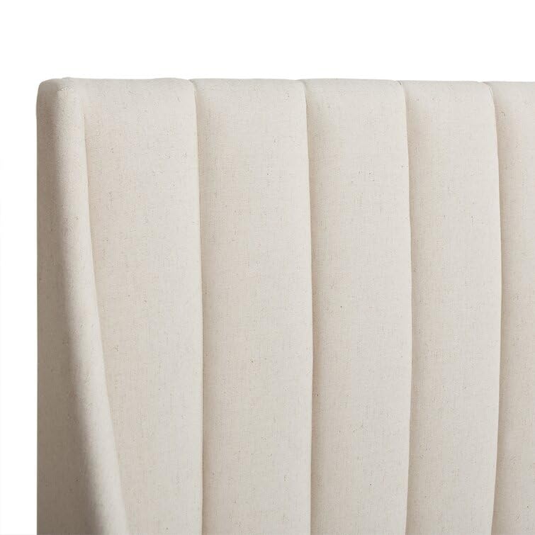 Image of HITHOS Solid Wood Modern Upholstered Queen Size Bed with Wingback Headboard | Wooden Double Bed Cot Palang Without Storage (Cream) 1 Year Warranty