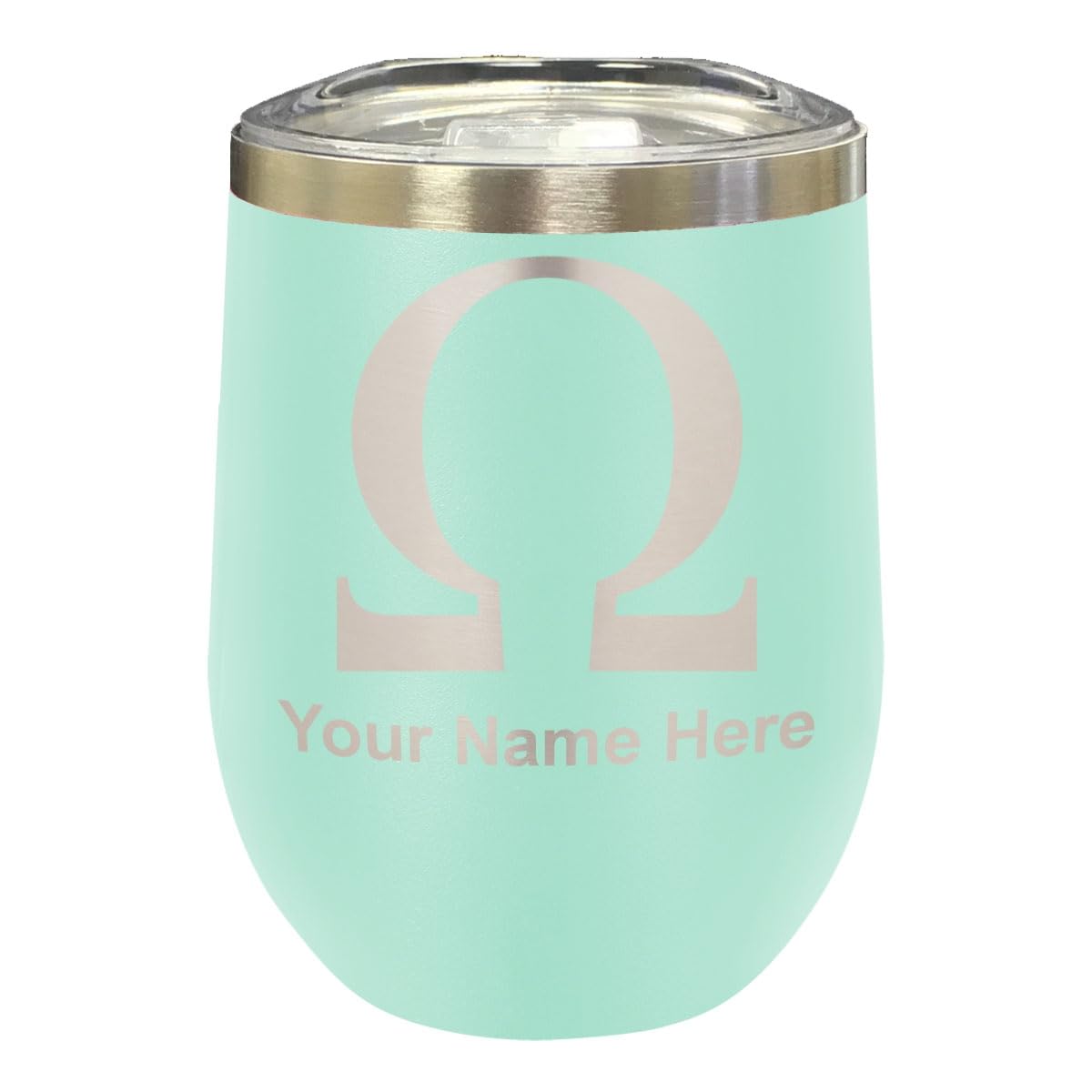 LaserGram Double Wall Stainless Steel Wine Glass Tumbler, Omega Symbol, Personalized Engraving Included (Teal)
