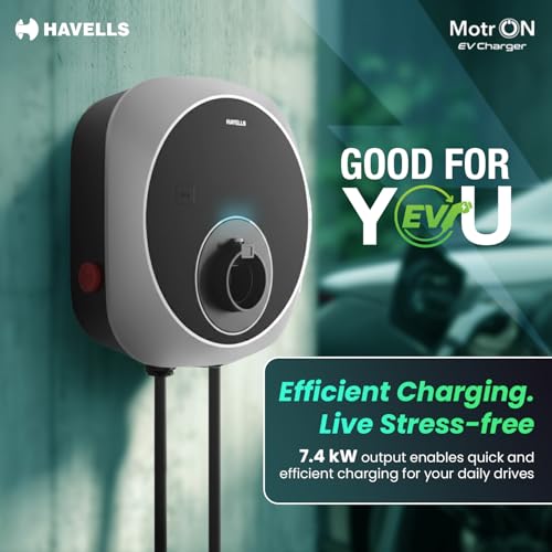 Image of Havells 7.4 kW MotrON PRO Smart EV Charger|2m & 5m Output TPU Cable| Wi‑Fi, GSM, 4G| OCPP 1.6| ARAI & IEC|IP66, IK10 & UV Safe|10+ Electrical Safety Features|2 Yr Warranty