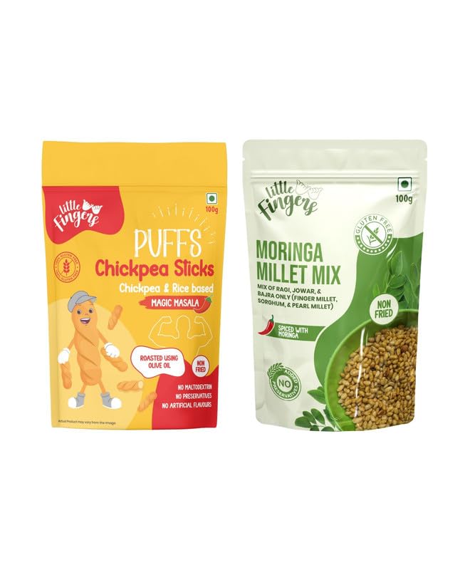 Little Fingers Organic Millet Based Healthy Roasted Gluten Free High In Fiber Assorted Snack Combo For Kids – MORINGA MILLET MIX AND CHICKPEA STICKS – MASALA MAGIC Little Fingers Organic Millet Based Healthy Roasted Gluten Free High In Fiber Assorted Snack Combo For Kids – MORINGA MILLET MIX AND CHICKPEA STICKS – MASALA MAGIC