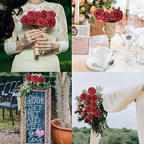 Artificial Flowers 25 Pieces Artificial Roses Real Looking Foam Rose Fake Flowers with Leaves DIY Wedding Home Bouquets Party Decoration (Wine red)