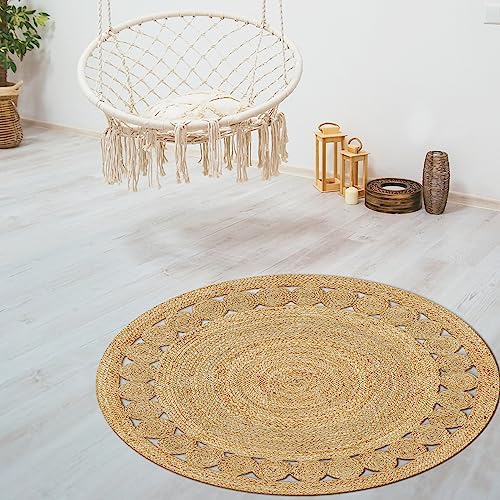 Bedding Craft 7684 Hand Woven Farmhouse Jute Area Rug 4 Ft Round Natural Yarn With Braided Reversible - Ecofriendly Ideal For Bedroom Kitchen Living Room Style thumb #6