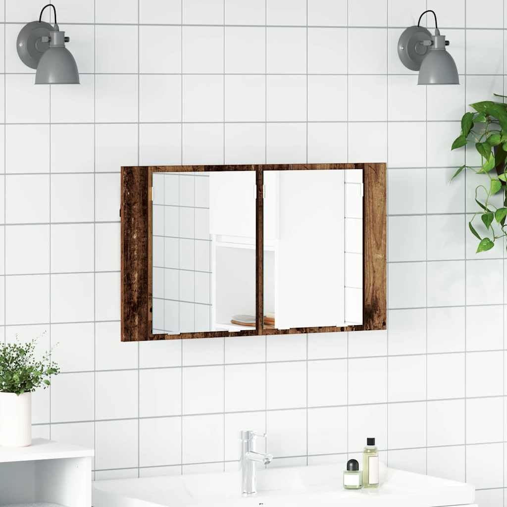 vidaXL Szafka z lustrem do łazienki Stare drewno 80 x 12 x 45 cm, Nowoczesna szafka z lustrem, prostokątny montaż na ścianie, trwałe miejsce na kosmetyki, z podświetleniem LED