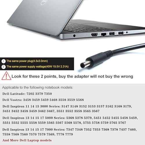 Image of Replacement Dell Laptop Charger 65w 19.5V 3.34A(4.5 * 3.0mm) MGJN9 for Inspiron 11 3147,3148, 3152,i3152,3153,3157,3158,316 (with 3 Pin Power Cable)