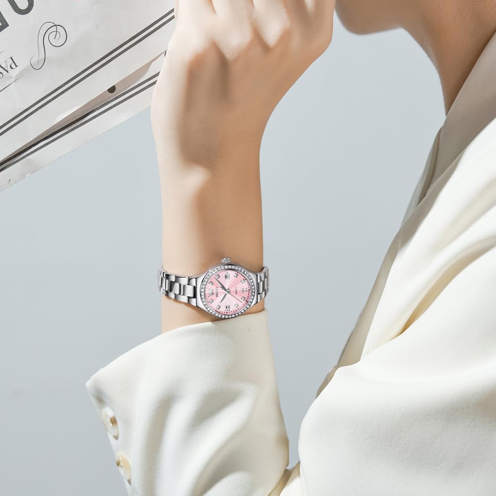 OLEVS Damen-Armbanduhr, Diamant, modisch, analog, Quarz, Edelstahl, wasserdicht, leuchtend, zweifarbig, Armbanduhr für Damen