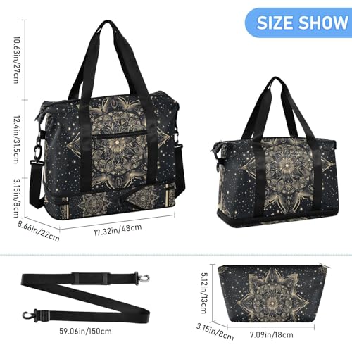 Black Golden Mandala Gothic Oversized Travel Duffel Bag Weekender Travel Overnight Bag with Toiletry Bag for Workout Large Capacity3