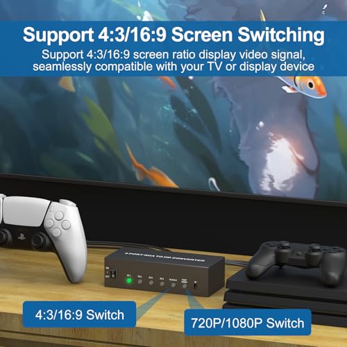 Multiple AV to HDMI Converter 4 Port RCA to HDMI - 1080P/720P Red White Yellow Composite Component to HDMI Converter for Smart TV/AUX/N64/PS2/PS3/VHS/VCR/DVD Players, Support 4:3/16:9 RCA to HDMI Hub