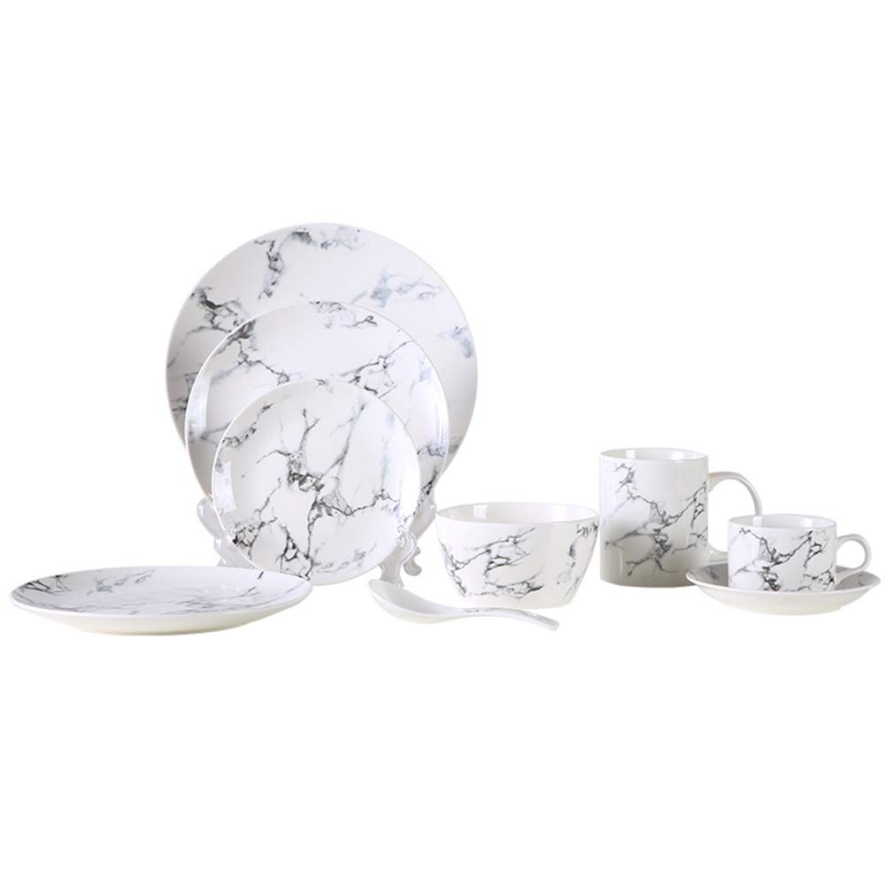 Zestaw obiadowy 7-częściowy klasyczny marmurowy porcelanowy serwis obiadowy okrągłe talerze obiadowe talerze sałatkowe talerze stek miski kubki