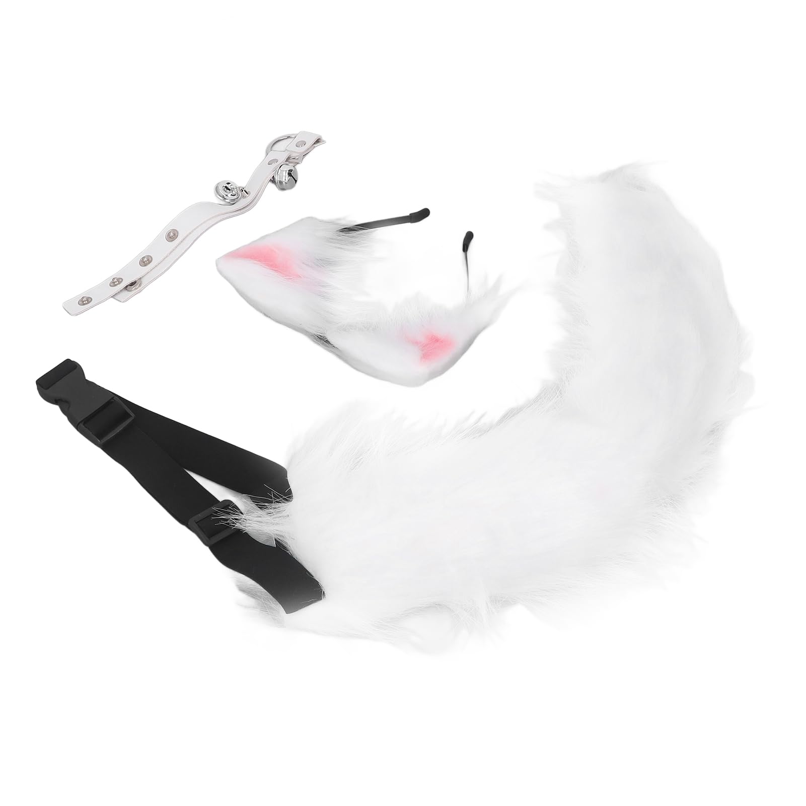 FAHZGK Cat Ears and Wolf Animal Tail Cosplay Costume, Faux Fur Hair Clip Headdress with Adjustable Leather Choker, Bendable Steel Wire Tail for Halloween Anime Party (White)