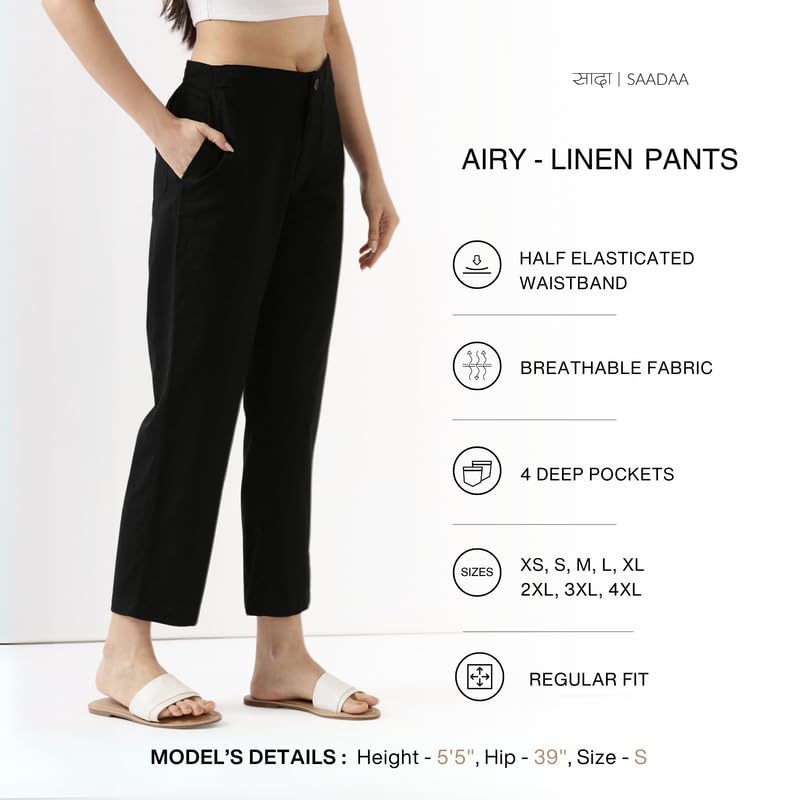 Image of SAADAA Women's Airy Linen Straight Pants | Regular Fit Trousers | Half Elasticated with Drawstrings & Buttons | 4 Pockets | Everyday & Office Wear