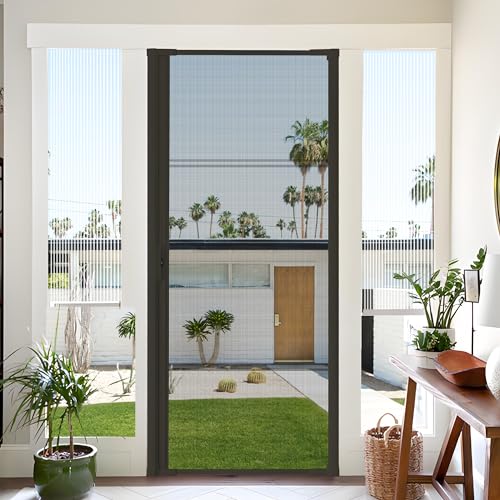 Guardian Retractable Screen Door Retractable Screen Doors for Single Door (36\'\'X 80\'\',Brown) Heavy Duty Aluminum Easy Assemble Invisible Screen Door Patio Mosquito Proof Adjustable Width 32\'\'- 36\'\'