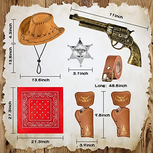 Latocos 9 PCS Cowboy Costume Accessories for Boys Girls Kids Cowboy Hat Red Bandanna Metal Sheriff Badge Belt Holster Halloween Party Dress Up Pretend Play - Thumbnail 7
