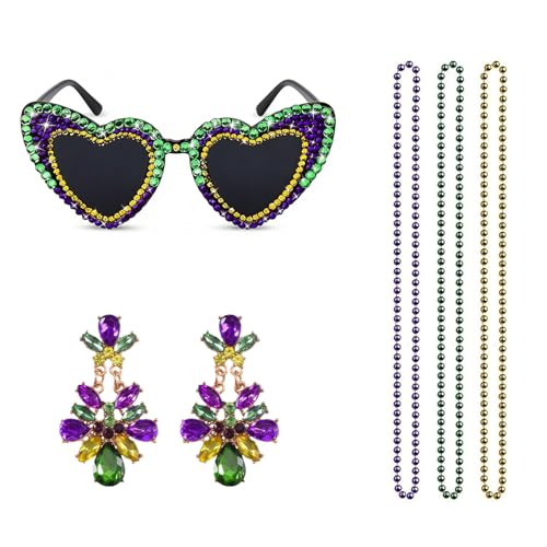 NIUEFH Mardi Gras Outfit Accessories Mardi Gras Sunglasses Earrings Beads Necklaces for Men Women Party Favor