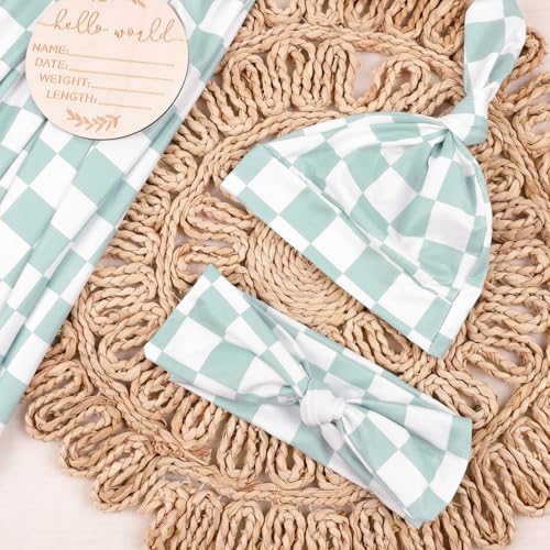 Image of TANOFAR 4-Pack Newborn Swaddle Blanket for Baby Girls & Boys, Ultra Soft Receiving Blankets with Matching Headband and Beanie Set Baby Nursery Swaddle Wrap, Green Checkerboard