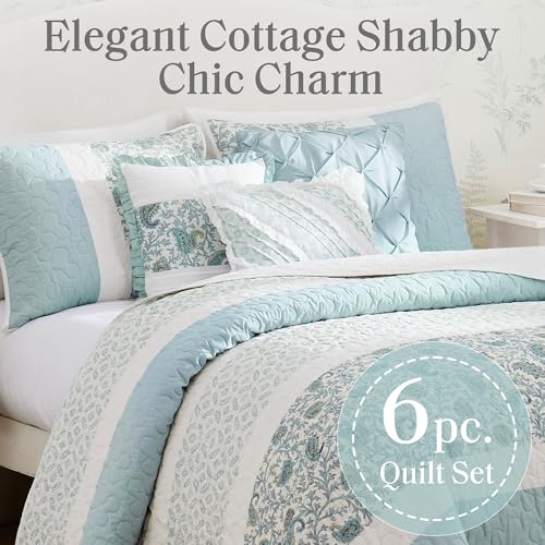 Madison Park Cotton Quilt Set Floral Print, Double Sided Stitching, All Season, Lightweight Coverlet Shabby Chic Bedding Layer, Matching Shams, King/Cal King, Aqua 6 Piece