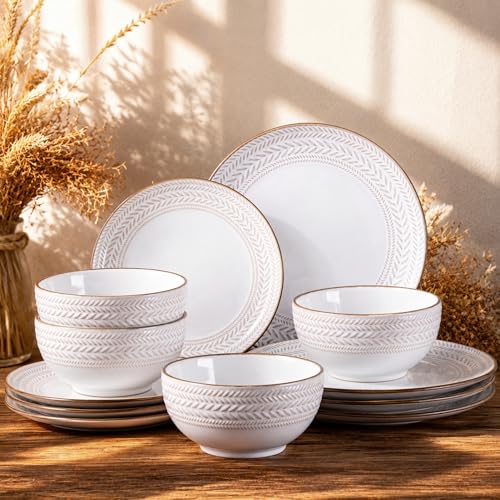 Image of GBHOME Dinnerware Sets for 4, Farmhouse Style Stoneware Plates and Bowls Sets, 12 Pieces Embossed Scratch Resistant Dishes, Dishwasher & Microwave Safe, White
