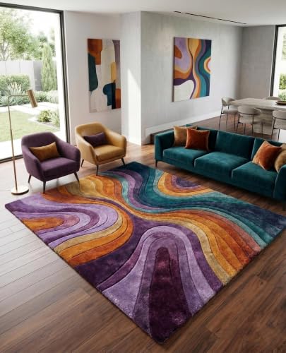 Image of Hand Tufted Premium Wool Multicolor Organic Curved Design, Carpet for Living Room, Bedroom, Office & Home Decor Size 12x18 Feet