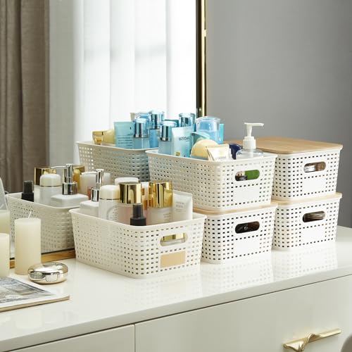 Bagnizer Small Plastic Storage Bins With Bamboo Lids 5.2Qt Stackable Box Basket Pantry Decorative Containers Cute With Lable For Organizing Desktop Closet Office Cream White Of 6 Packs 10*7.2*4.1'’ thumb #7