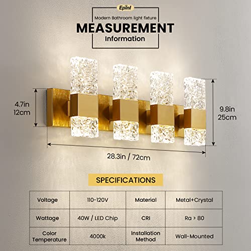 Image of Epinl Gold Bathroom Vanity Light Fixtures - Brushed Gold Vanity Light Bathroom Lighting Fixtures Over Mirror 40W Dimmable Crystal Wall Sconces 4 Light LED Modern Bathrooms Lights 4000K
