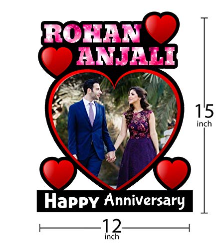 Image of Shrikant Art Personalized inchHappy Anniversary inch Heart-Shaped Photo Collage Wall Hanging - Large 15x12 Inch Custom Name Wooden Frame with Red Heart Accents