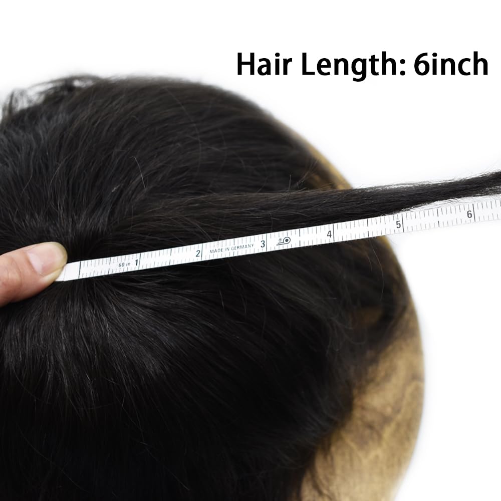 Mens Toupee Human Hair French Lace Hair Pieces For Men Poly Hair System For Mens Hair System Toupee For Men 6x9 120% medium light density, 1B# OFF BLACK
