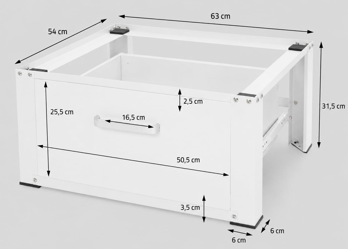 Easy Act Waschmaschinen Untergestell mit Schublade, Waschmaschinen Podest 63x54 cm, Waschmaschinen Sockel aus Stahl bis 150 kg, Unterbau für Waschmaschine & Trockner, Erhöhung 31,5 cm, Weiß