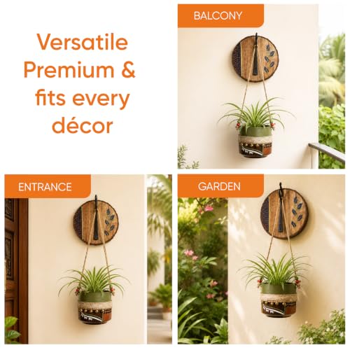 Image of AAKRITI ART CREATIONS Wall Hanging Planter with Hook | Jute Embellished Brown Earthen Planter on Round Wall Hook, Floral Art, Matte Finish | Metal, Terracotta & Wood