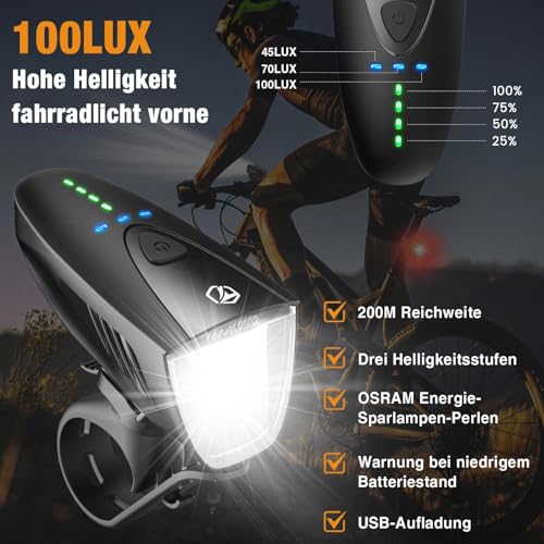 toptrek Fahrradlicht Set 100LUX, Fahrradbeleuchtung Set USB Aufladbar, Fahrradlampe StVZO Zugelassen, Fahrrad Lichter Led Set IPX5 Wasserdicht Vorne Frontlicht & Rücklicht Set… (100 LUX)