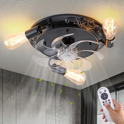 Dalouguan 3-Light Rustic Ceiling Fans with Lights, 15" Black Industrial Ceiling Light Fan with Remote Control/app Control, 6 Speeds Flush Mount Ceiling Fan for Kitchen Bedroom